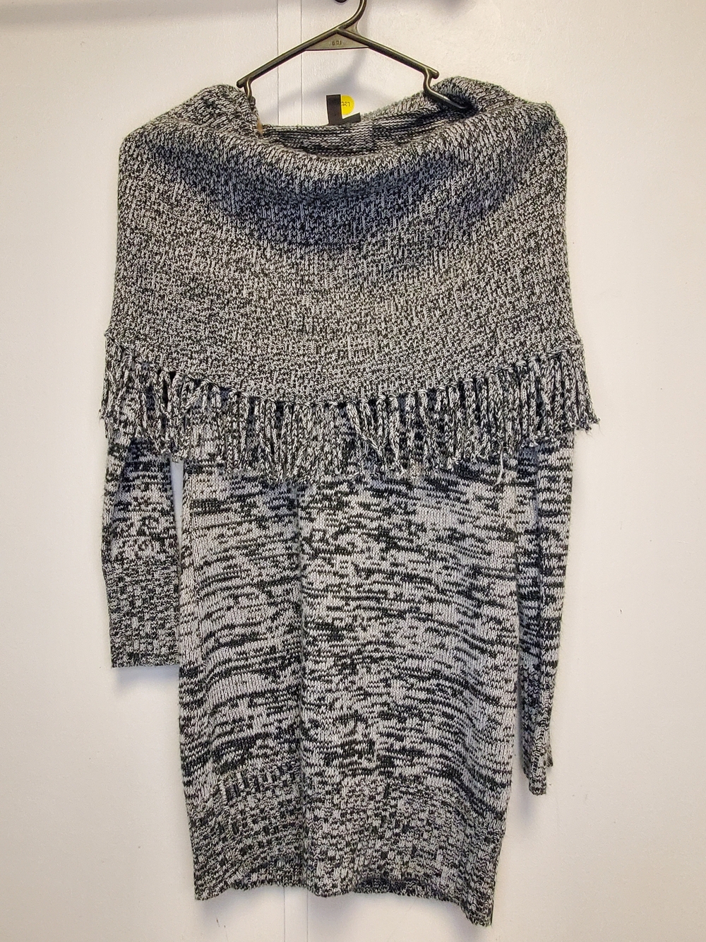 Gray & black marbled knit sweater dress with fringe detail